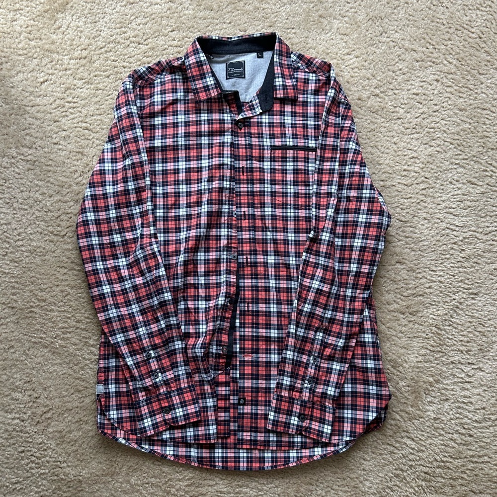 7 Diamonds Blue and Orange Plaid Dress Shirt